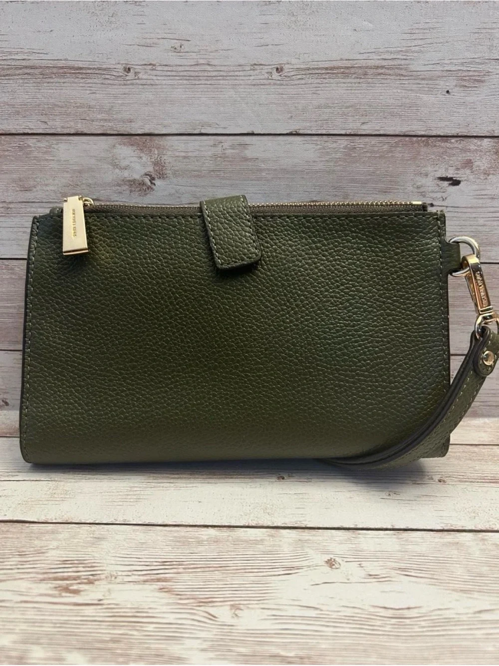 Michael Kors Olive Pebbled Leather Wristlet with Gold Hardware